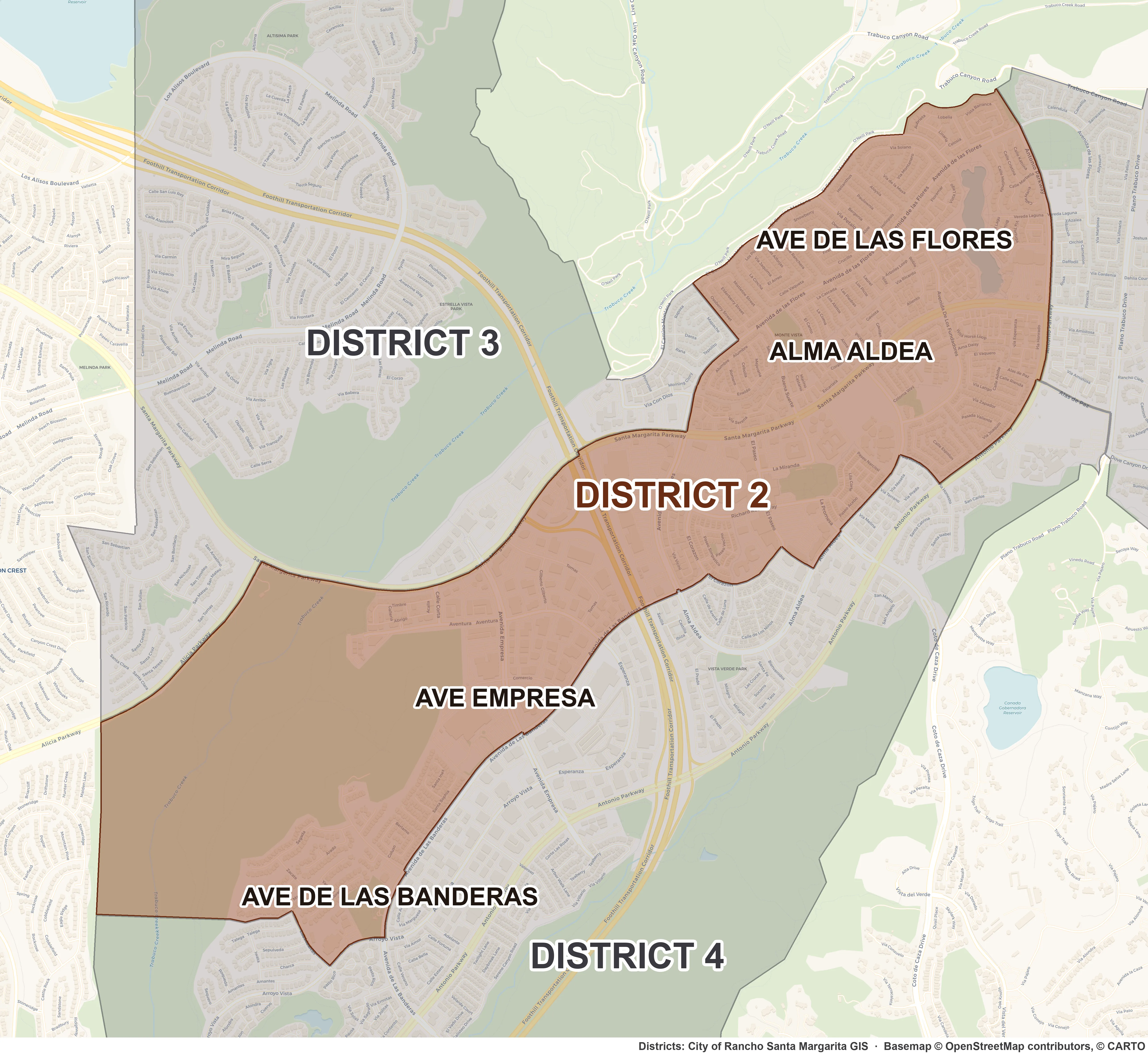 Map of Rancho Santa Margarita's City Council districts with District 2 highlighted over a street map, showing Ave De Las Flores, Alma Aldea, Ave Empresa and Ave De Las Banderas.